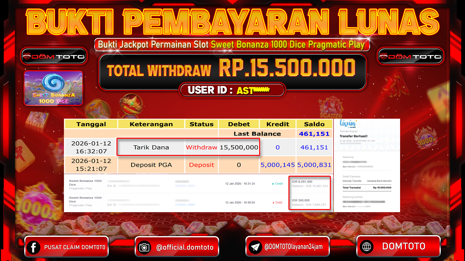 JACKPOT Slot Sweet Bonanza 1000 Dice Pragmatic Play 12 JANUARI 2026
